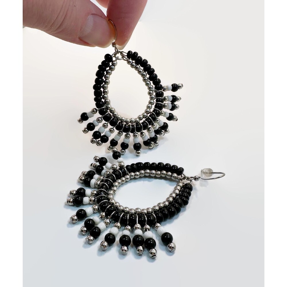 Boho Earrings, Black, White, Silver, Dangle, Beaded, Glass, Pierced, Vintage